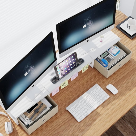 Dual Monitor Stand Riser with 2 Drawers - 39Inch Large Storage Computer Monitor Stands for 2 Monitors, Wooden Desktop Organizer Perfect for Home Office Desk, Computer, Laptop, TV, White