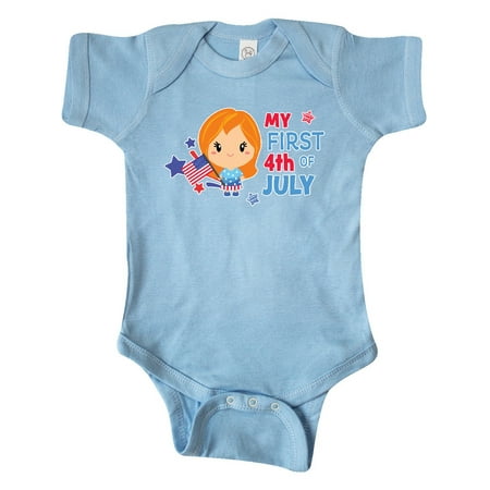 

Inktastic My First 4th of July with Red Haired Girl Stars and Flag Gift Baby Girl Bodysuit