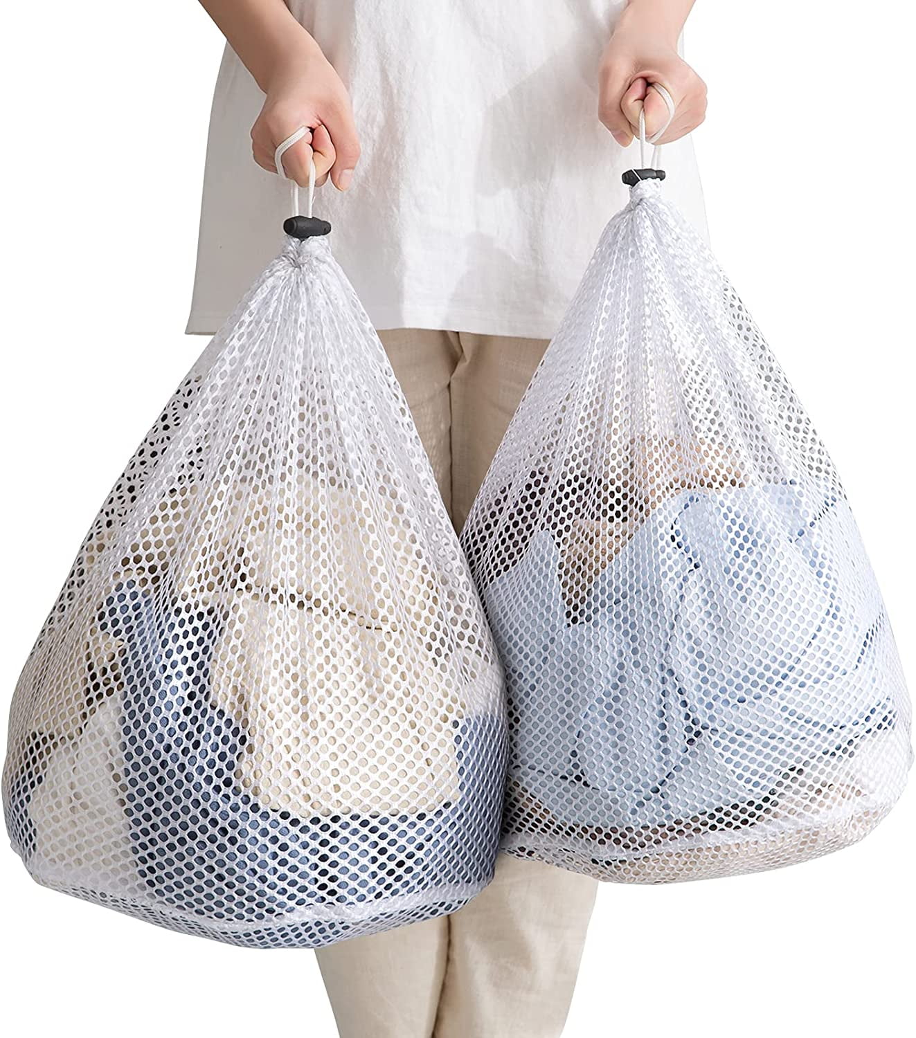 2 Pack White Mesh Laundry Bags, 31 X 24 Sturdy Drawstring Net