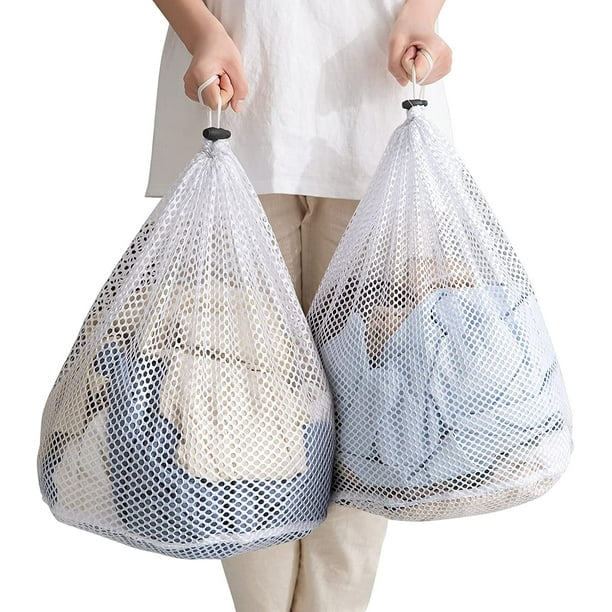 HUXIXI Bolsa de lavandería de malla de 31 x 24 pulgadas, bolsas de lavandería extra grandes con cordón, lavable a máquina para viajes, fábricas, dormitorio universitario, apartamento, hogar (blanco, XL-2Pack)