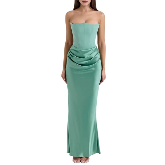 Women'S Bodycon Dress with A Cinched Waist Strapless Design Off-the-Shoulder Style with Boning Dark Green L