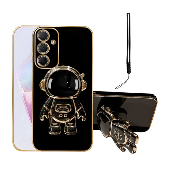 Annyojo for Galaxy A35 Case with 6D Plating Astronaut Hidden Stand and Lanyard Strap Soft Shockproof Protective Cover Luxury Phone Case for Samsung Galaxy A35 5G - Black
