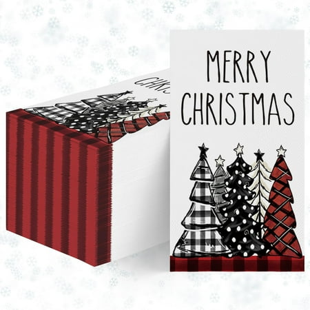 100 ChristmasDisposable Paper Decorative Guest Napkins, Xmas Tree Buffalo Plaid Red for Party Lunch Dinner Kitchen Bathroom Decoration 4.3 X 7.9 inches