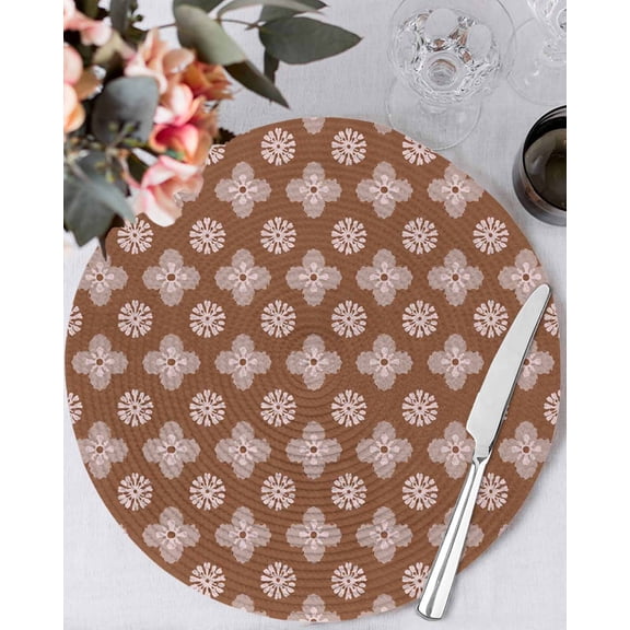 13 Inch Round Placemats Set of 4, Brown Floral Non Slip Heat Insulation PP Table Mats, Spring Flowers Modern Abstract Art Farmhouse Washable Place Mats for Kitchen Dining Party Table Decor