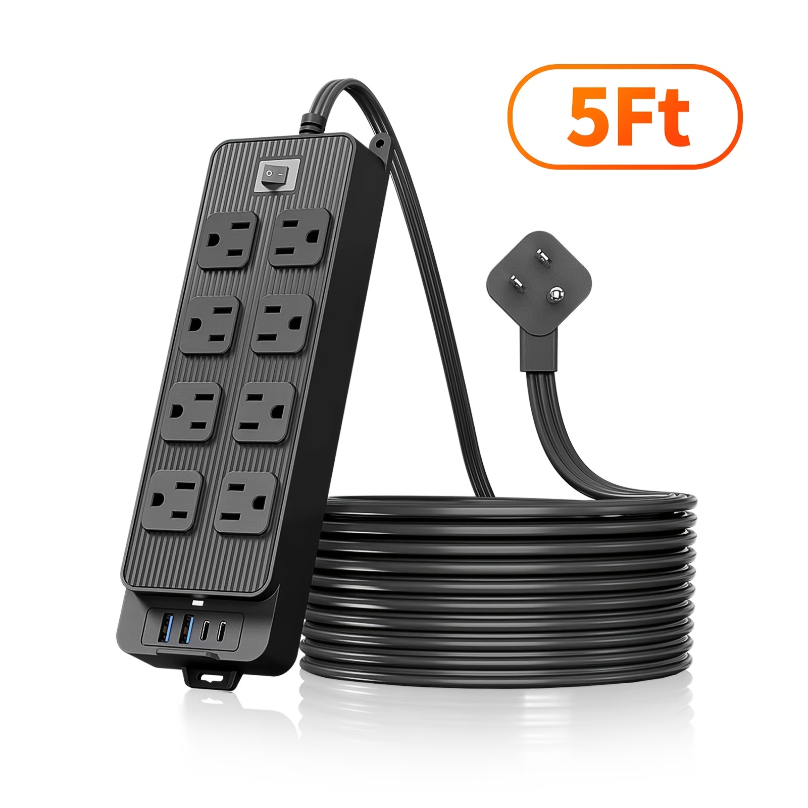 Flat Plug Power Strip With 8 AC Outlets & 3 USB Charging Ports – 5-Foot Cord
