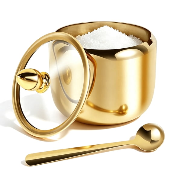 Stainless Steel Sugar Bowl with Clear Glass Lid and Spoon, 10oz Gold Sugar Container Sugar Jar Salt Pot Multifunctional Condiment Pot for Seasoning Sugar Salt Coffee Bean