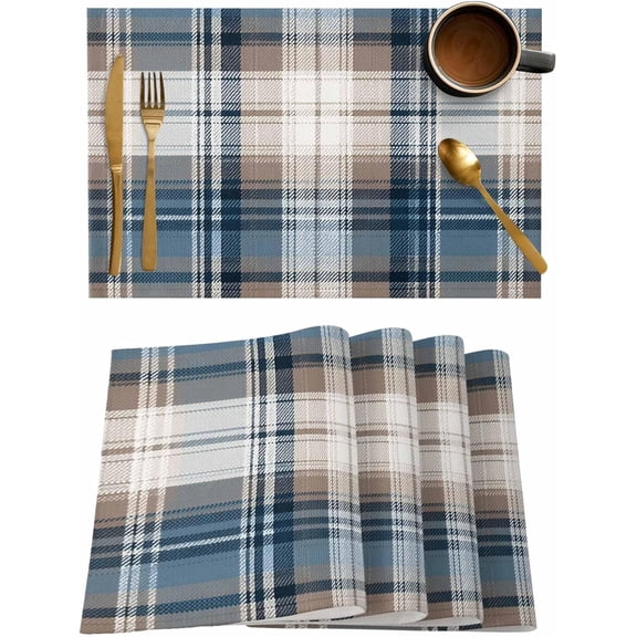 Washable Placemats Set of 4, Vintage Geometric Plaid Place Mat Blue Brown Color Block Kitchen Dining Table Mats for Indoor Outdoor Party Decor