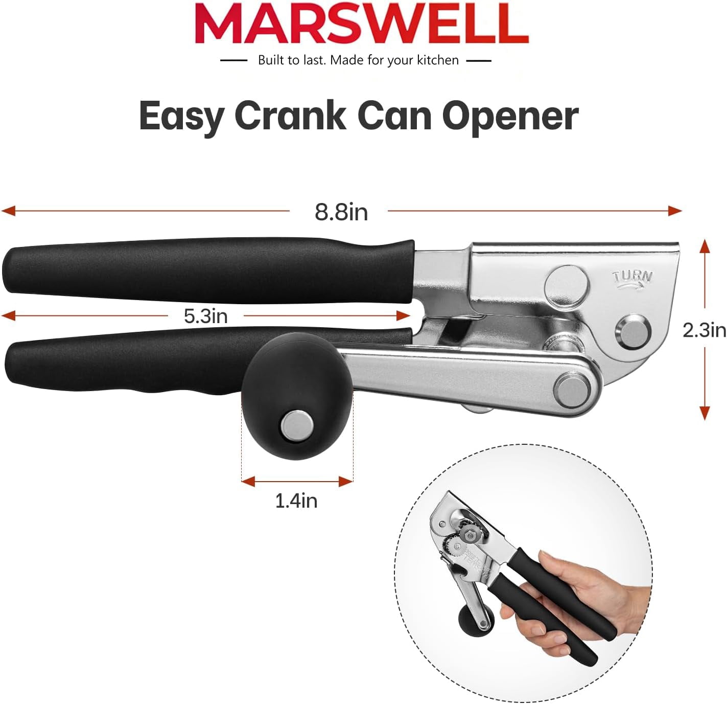 13556040584 Hand Crank Can Opener Manual Heavy Duty, Commercial Can Openers with Ergonomic Rubber Coated Extra-Long Handles, Oversized Knob, Large Can Opener for Big Cans, Black