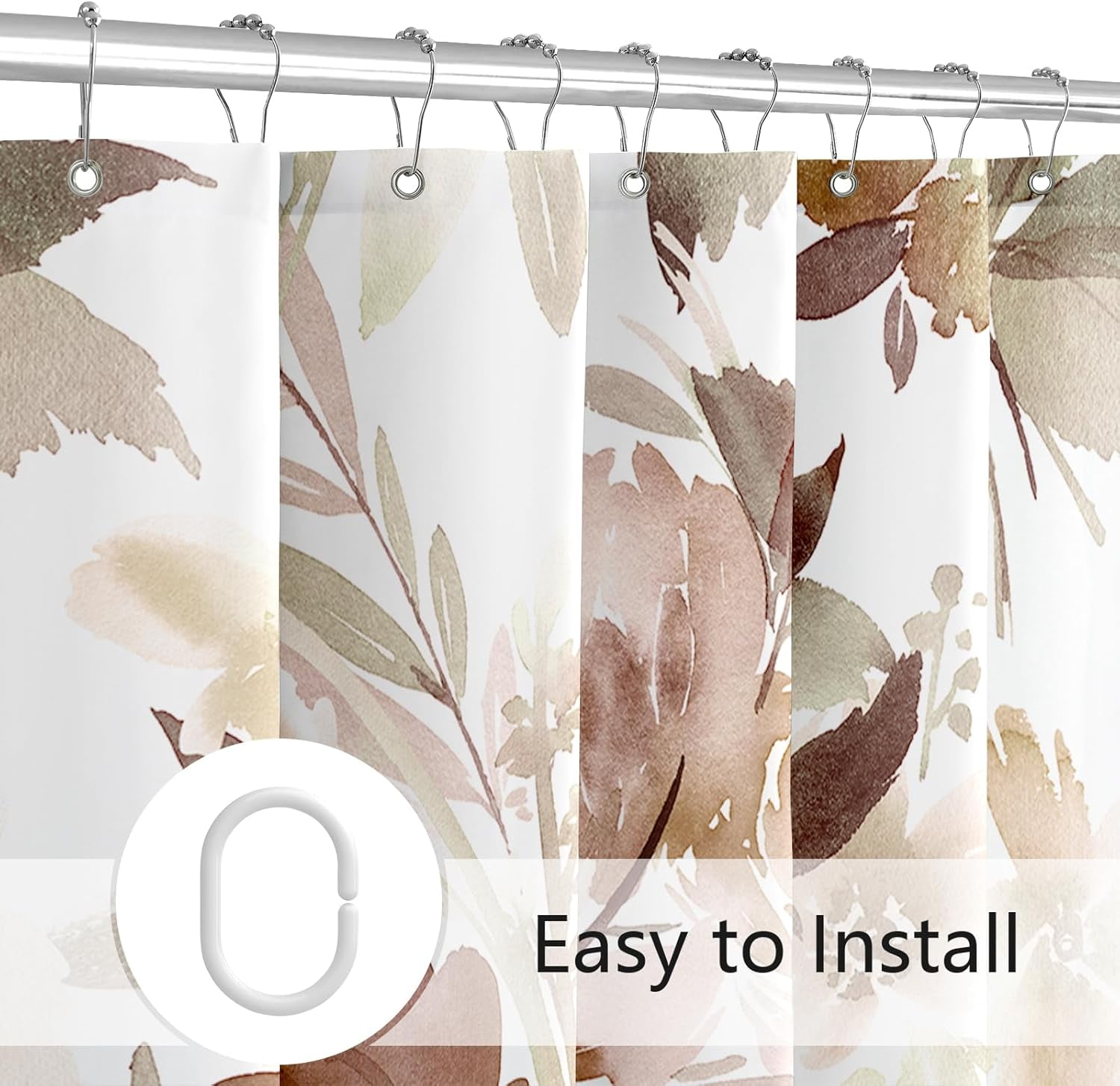Brown Floral Shower Curtain, Watercolor Flower Shower Curtain for Bathroom, Modern Abstract Ink Decorative Fabric Shower Curtain Set with Hooks 72x72