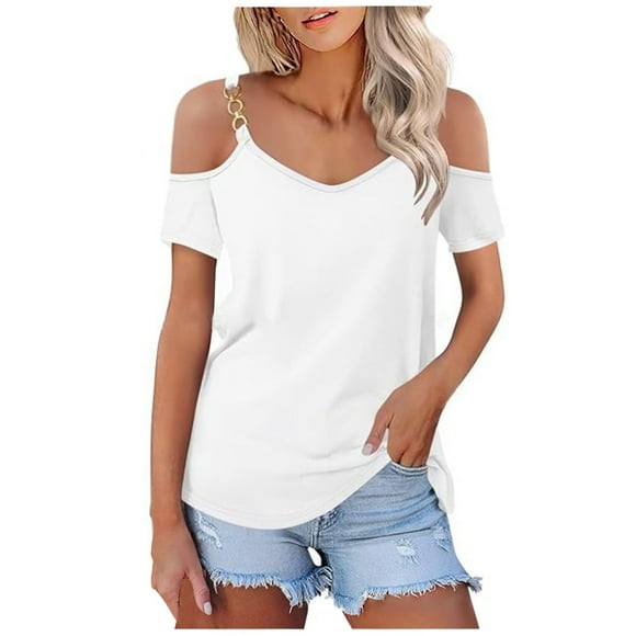 TSADFHJI Womens Workout Tops Long Women Fashion Sexy Short Sleeved off The Shoulder Solid Color T Shirt Top L White