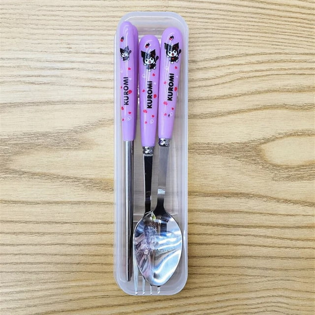 Sanrio Kawaii Hello Kitty Spoon Cartoon Children's Eating Fork Stainless Steel Chopsticks Tableware Three-piece Kitchen Utensils