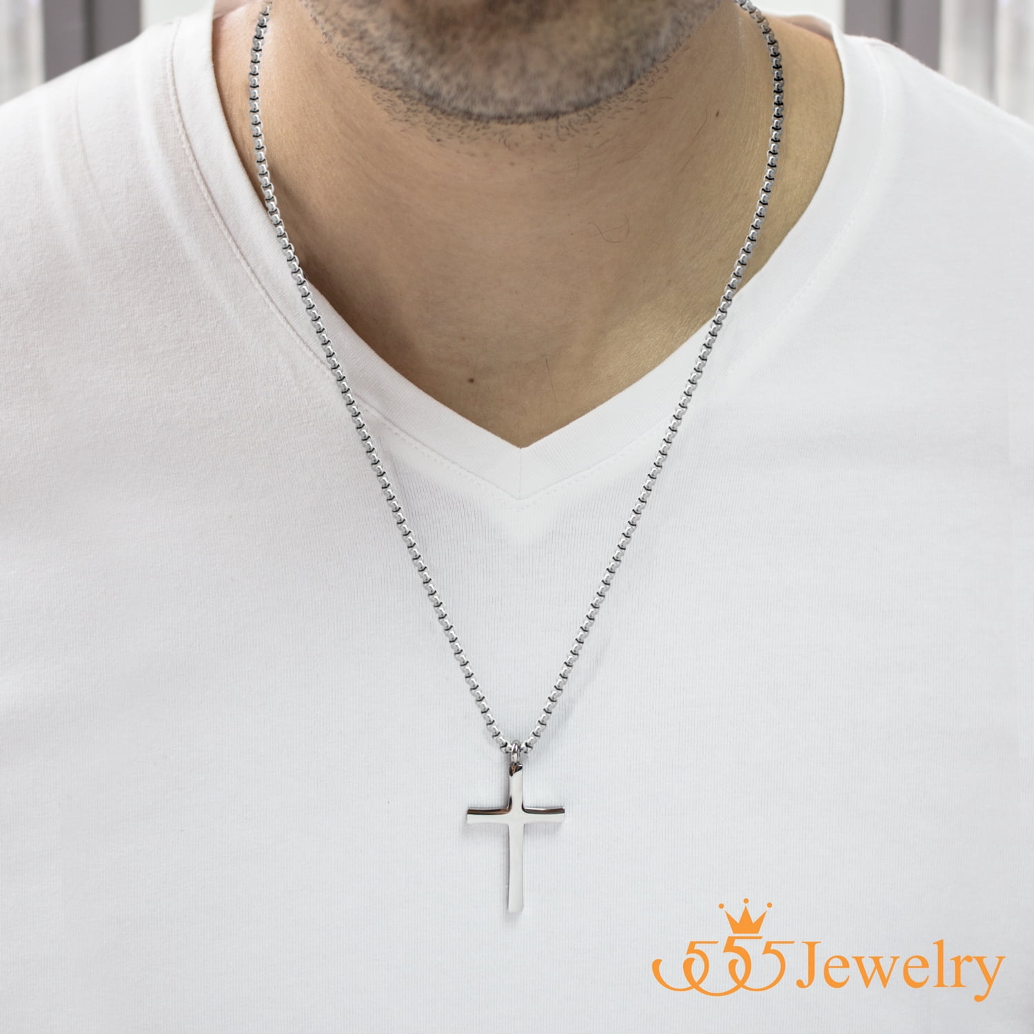 555Jewelery Stainless Steel Metal Cross Unisex Adjustable Rolo Chain Religious Christian Pendant Necklace, Silver 28 inch