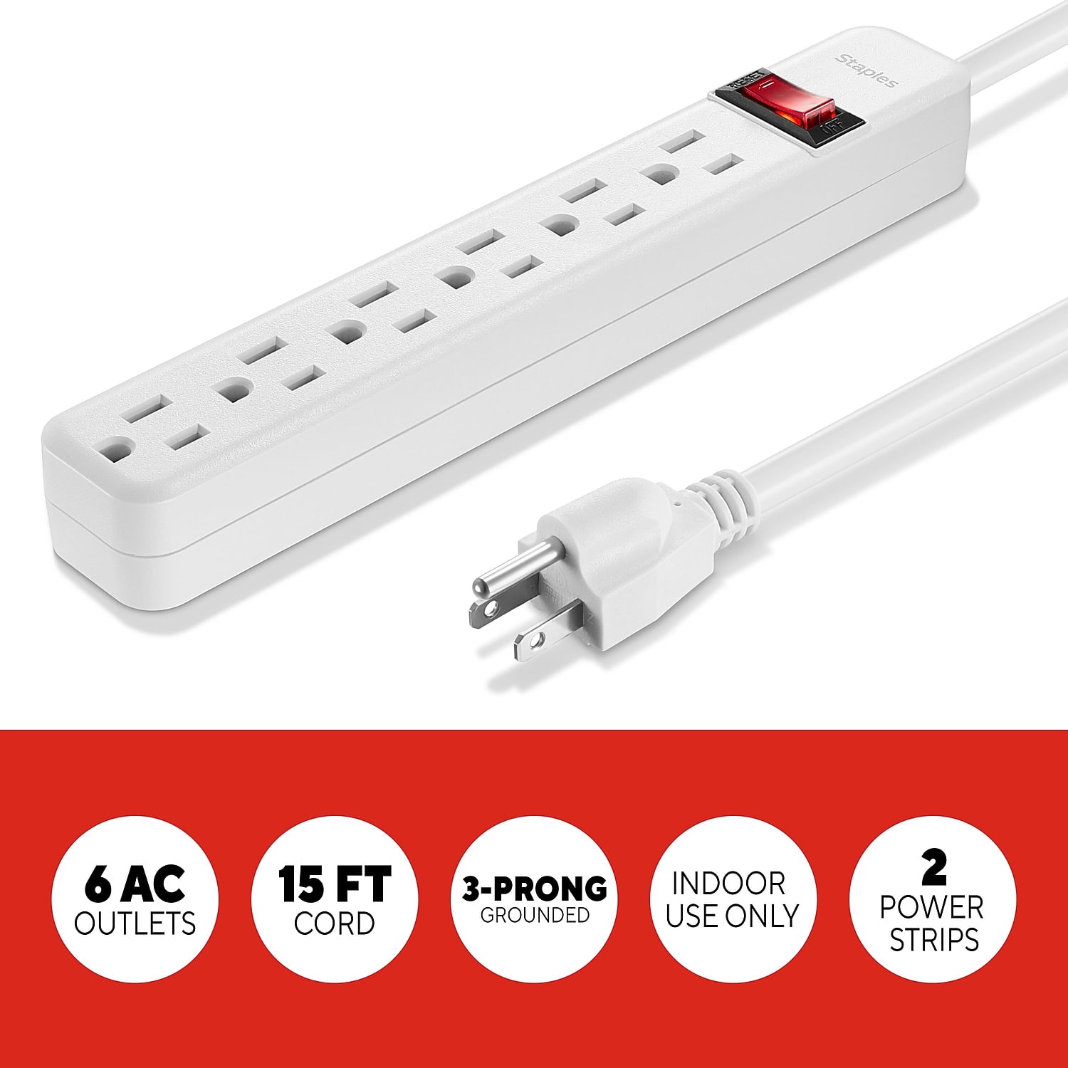 Staples 6-Outlet Power Strip 15' Cord White 2/Pack 24353926