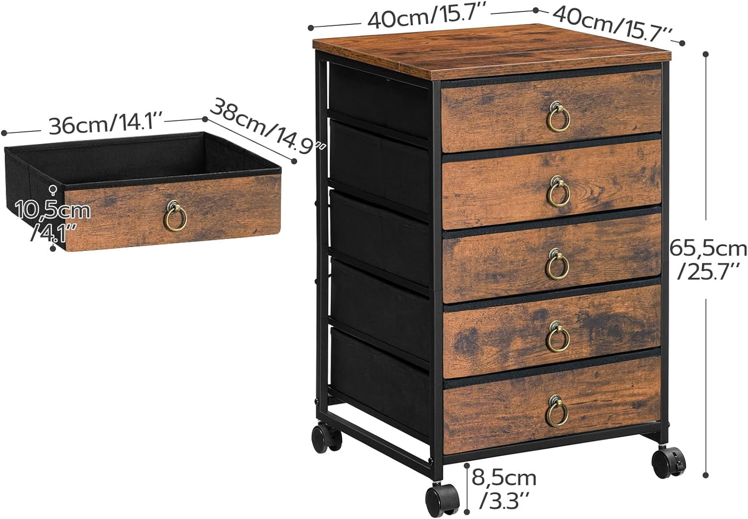 5-Drawer Chest, File Cabinet, Office Cabinet with Drawers, Rolling Printer Stand, Filing Cabinet for Living Room, Home Office, Nonwovens Drawer, Easy Assembly, Rustic Brown