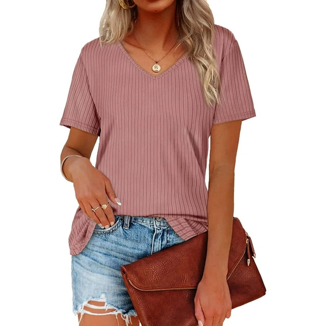 Camiseta de mujer Color puro Pit Strip cuello en V manga corta Top señoras suelta camiseta Casual