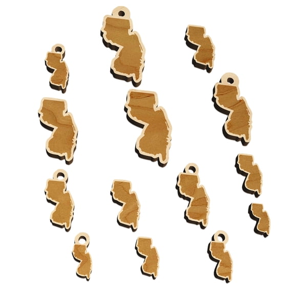 New Jersey State Silhouette Wood Mini Charms Shapes DIY Craft Jewelry - No Hole - Various Sizes (16pcs)