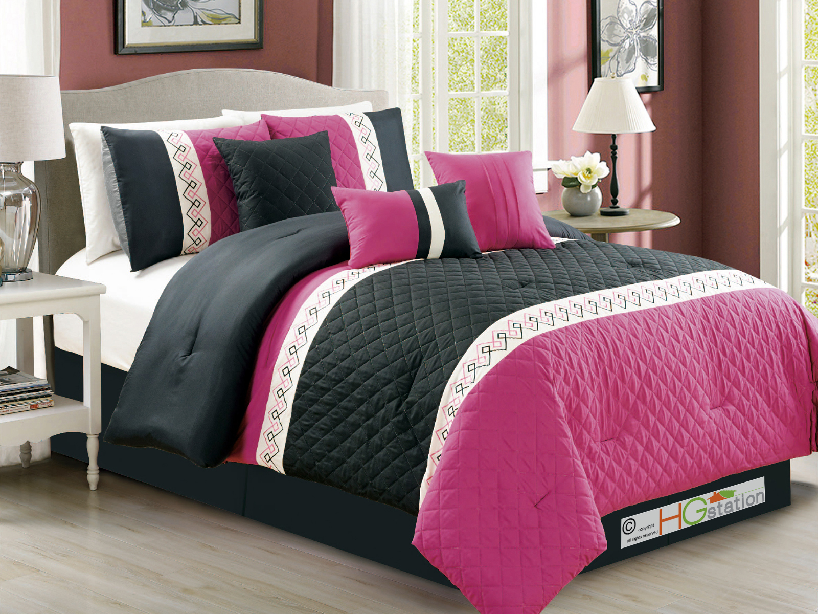 7Pc Southwest Diamond Meander Embroidery Embossed Comforter Set Pink