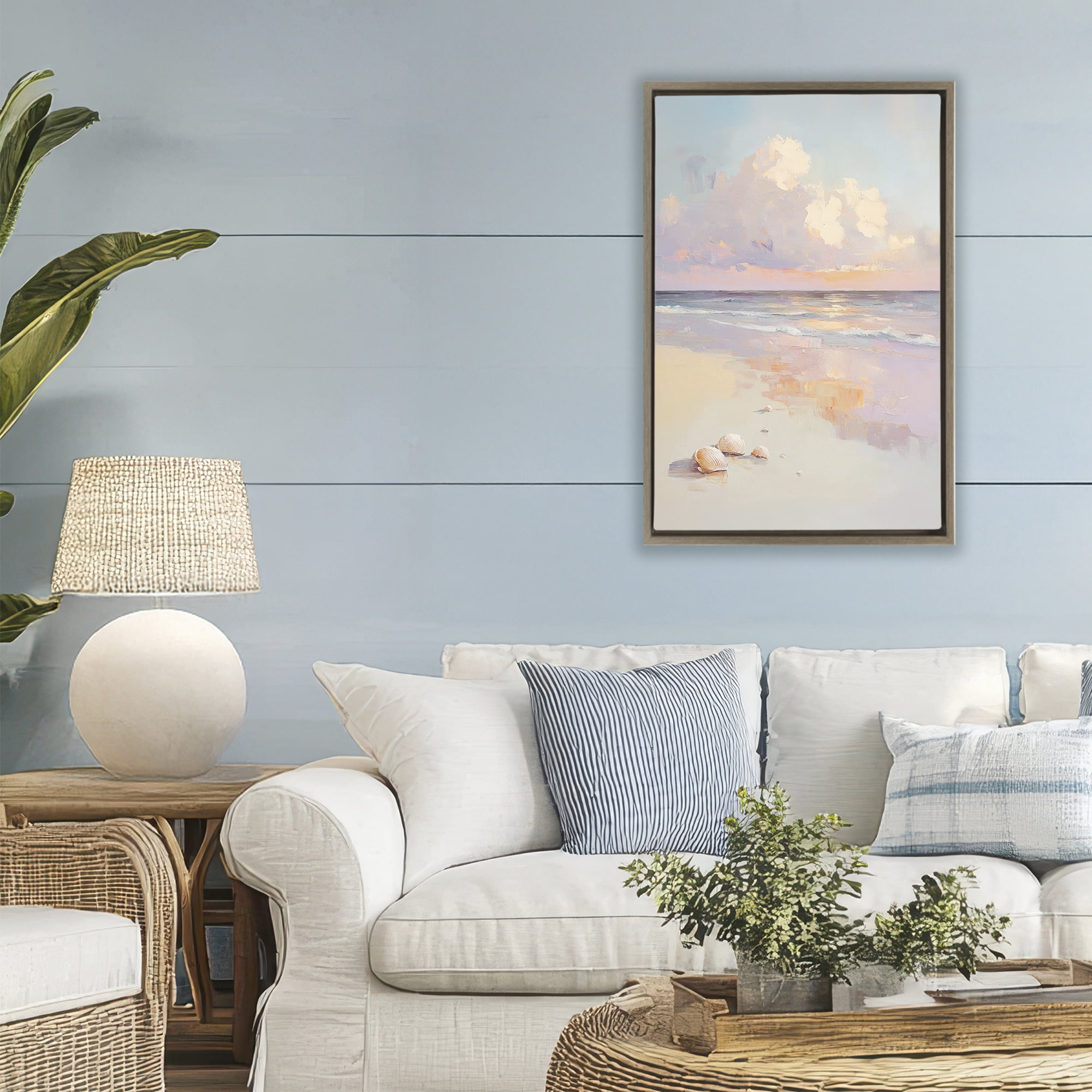 Stupell Industries Pastel Sunset Over Seashells Brown Framed Floater Canvas Wall Art, design by Sisi and Seb