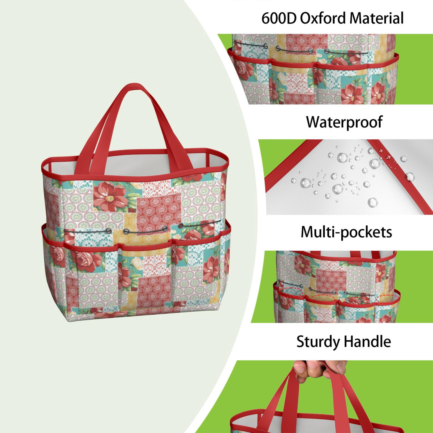 Bright Flowers Garden Tools Bag, Water-proof Oxford Garden Tote Home Organizer Gardening Tool Bag Kit Holder with 8 Pockets for Indoor and Outdoor Gardening(Tools Not Included)