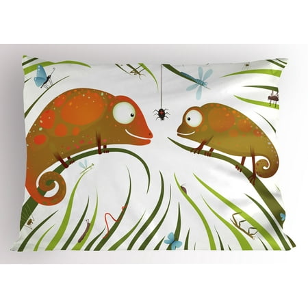 Hungry Animal - Chameleons Pillow Sham Hungry Animals Grass Looking at Spider Insect World Illustration Worm Ladybug, Decorative Standard Queen Size Printed Pillowcase, 30 X 20 Inches, Multicolor, by Ambesonne