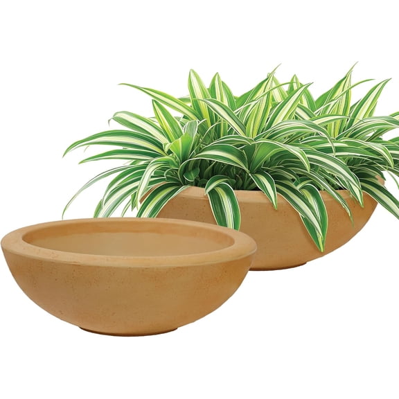 ZYPPP Percival 20.75" Shallow Outdoor Planter Bowl for Flowers and Succulents - Polyresin Double-Walled Design - Sand - Set of 2