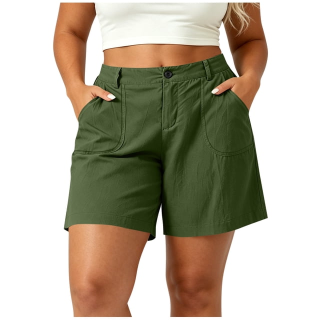 Achuyrbd Womens Plus Size Casual Shorts, Front Button Loose Fit Lightweight Summer Shorts with Pockets