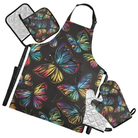 Gorgeous Butterflies 5 Pcs Kitchen Set Heat Resistant Oven Mitts and Non-Slip Pot Holders with Adjustable Cooking Apron