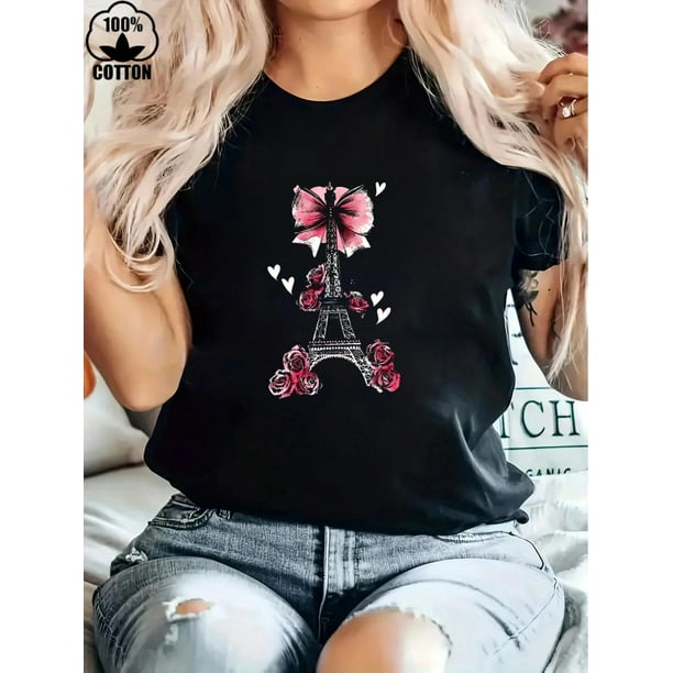 Camiseta con estampado de rosas de la Torre Eiffel para mujer, cuello redondo, informal, de algodón puro grueso, ideal para adultos, hombres, mujeres, adolescentes y jóvenes.