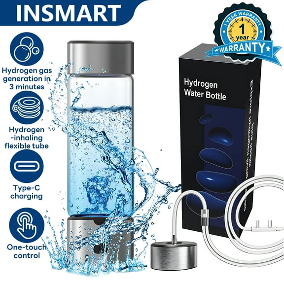 INSMART Hydrogen Water Bottle, 16 Oz Portable Rechargeable Hydrogen Water Generator, SPE & PEM Technology, 1500 PPB in 3 Minutes, Silver