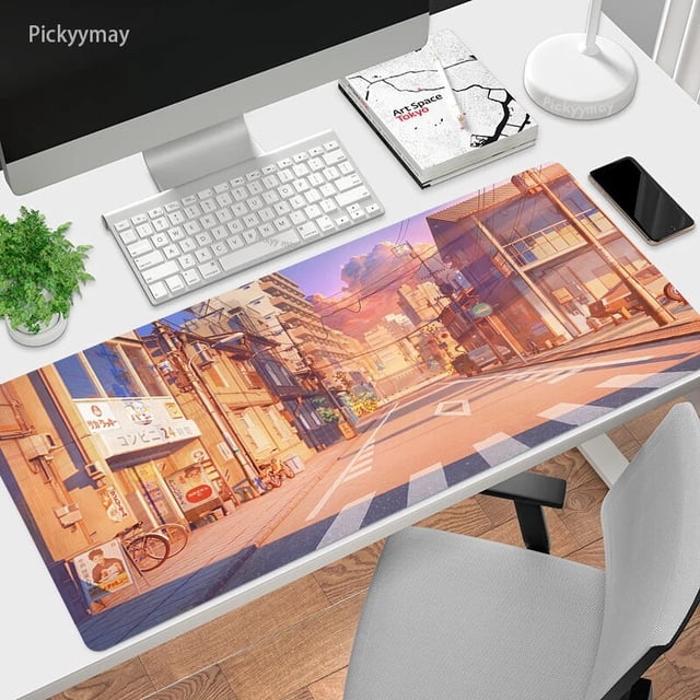 Tapis de Souris de Rue Anime Gamer Grand Bord Verrouillé Mignon Tapis de Souris en Caoutchouc Antidérapant pour Bureau d'Ordinateur