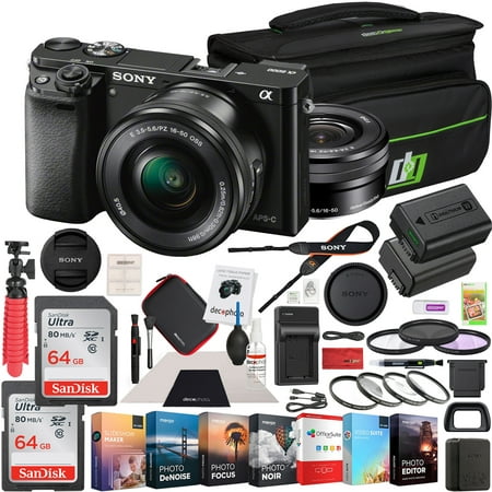 Sony Alpha a6000 Mirrorless Digital Camera 24.3MP SLR (Black) with 16-50mm Lens ILCE-6000L/B 128GB Memory Deco Gear Case Filter Kit Charger & Extra Battery Power Editing
