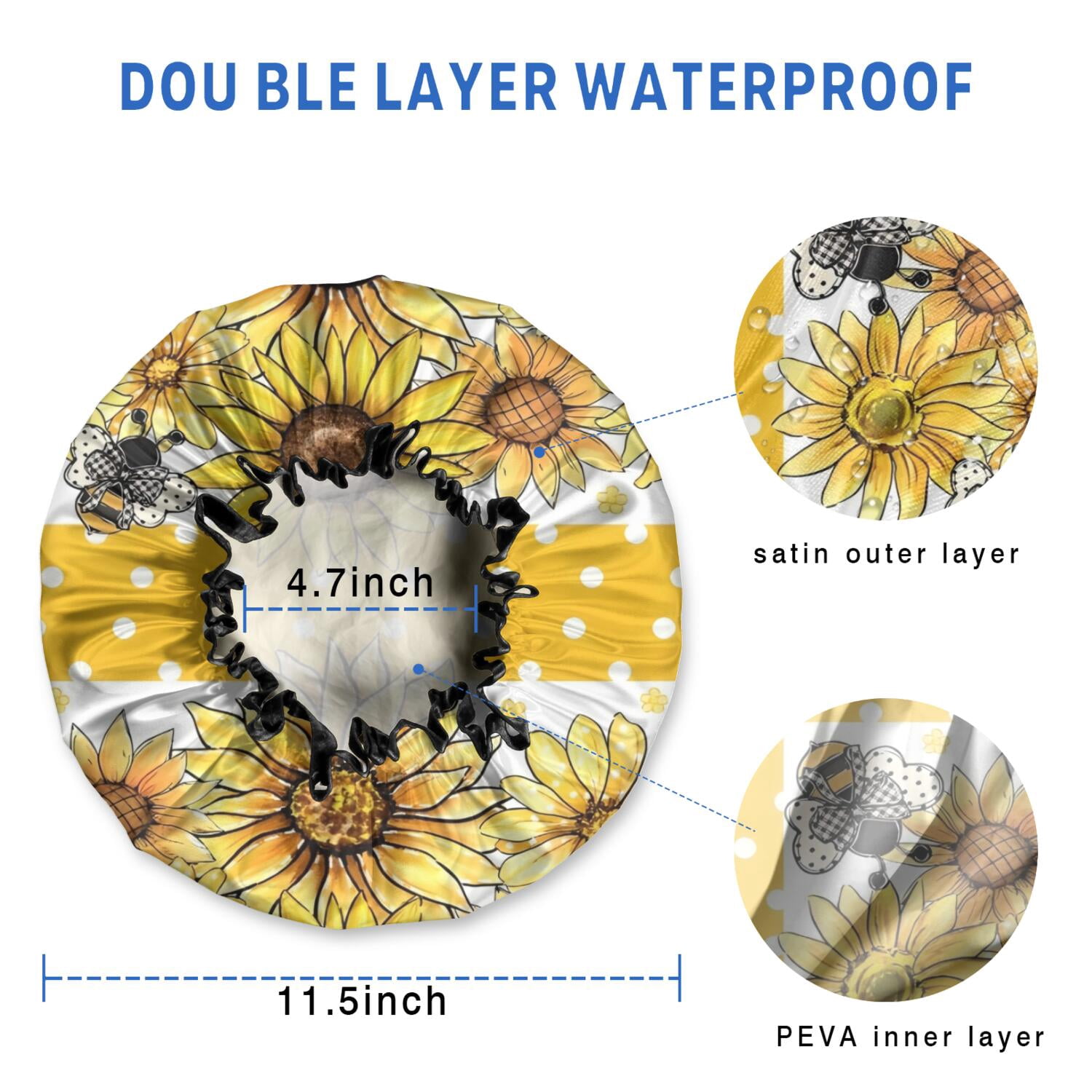 Shower Caps,Yellow Dot Sunflower Bee Pattern Waterproof Shower Cap for Women 4 Pieces,Double Reusable Hair Cover for Shower PEVA Elastic Stretch Hem