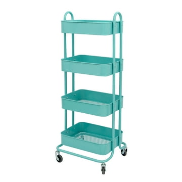 Walsport Heavy Duty Rubbermaid Mobile Storage Organizer 4-Tier Metal Mesh Rolling Utility Trolley Cart with Handle for Kitchen & Bathroom, Blue