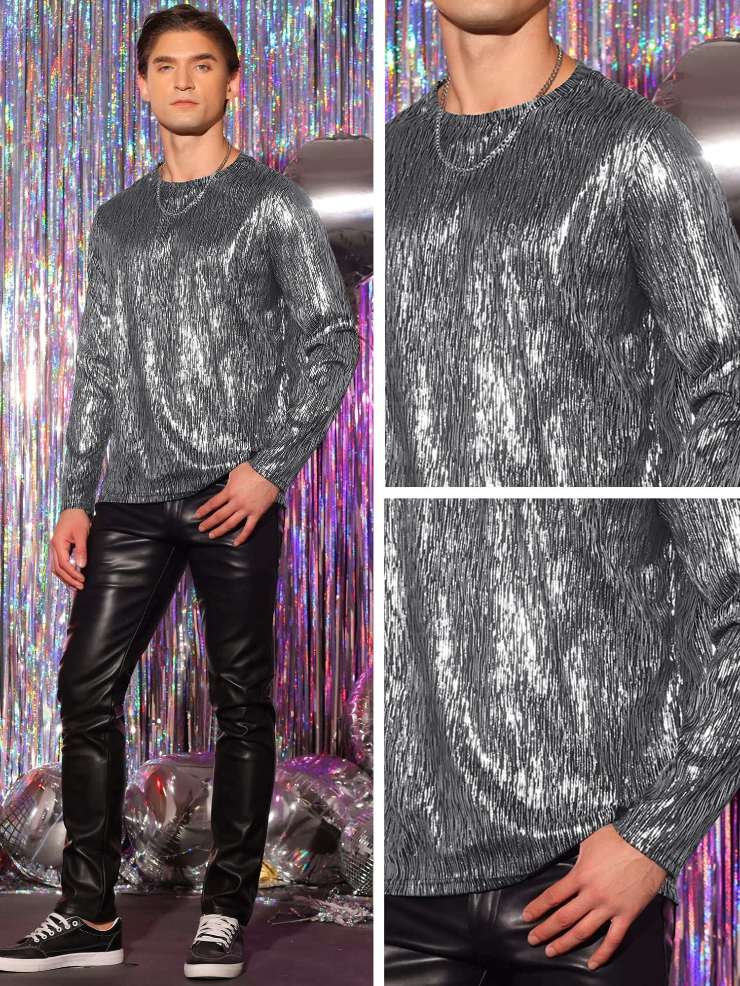 Unique Bargains Men's Metallic Long Sleeves Top Party Clubwear Shiny T-Shirt Tee Shirt L Silver