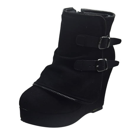 

Wesracia Boots For Women Winter Boots Round Solid Short Buckle Wedges Women Shoes Toe Retro Keep Warm Color Booties Strap Women s Boots