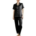 thumbnail image 3 of Women's Satin Pajama Set 2 Piece Short Sleeve Shirt Pants Lounge Set Sleepwear Silk Summer Fall Lightweight Pjs Silk Button Down Pajamas Soft Summer Fall Black 14, 3 of 5