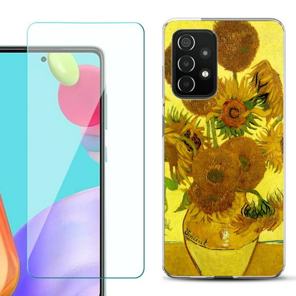 Slim-Fit Flexible Gel TPU Phone Case compatible with Samsung Galaxy A52 5G, with Tempered Glass Screen Protector, by OneToughShield ® - Sunflower