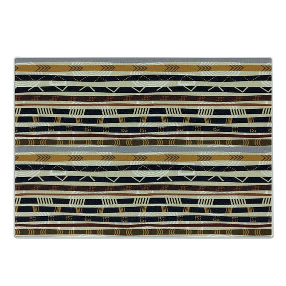 Abstract Cutting Board, Ethnic Style Geometric Forms Striped Pattern on Bold Earth Tones Print, Decorative Tempered Glass Cutting and Serving Board, Small Size, Multicolor, by Ambesonne