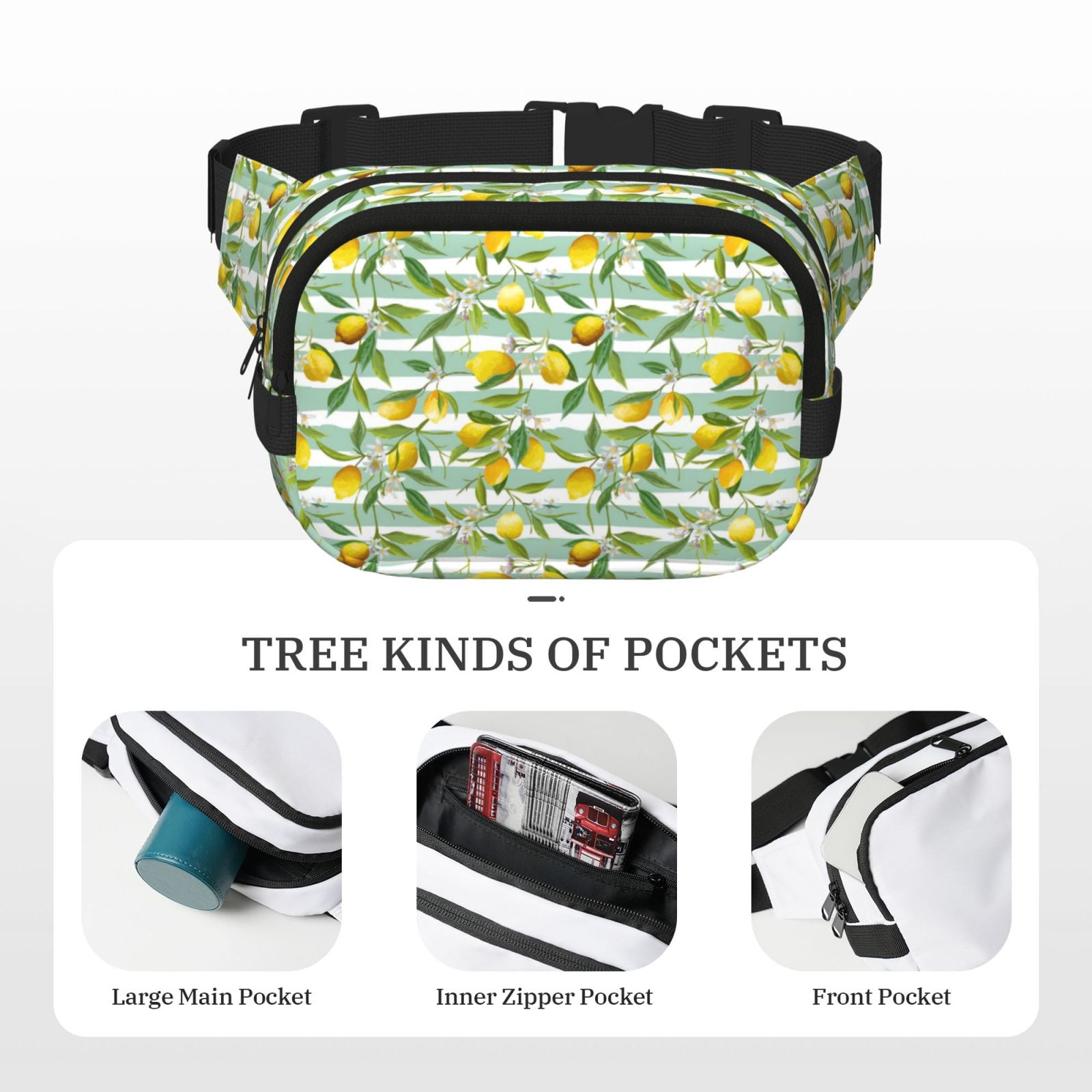 Fuzoiu Lemon Print Unisex Square Double Layer Waist Bag,Crossbody Fanny Pack Travel Workout Accessory