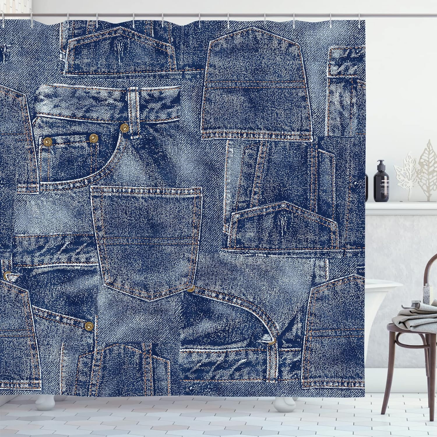 Jeans Denim Material Patchwork Real Seems Polyester Fabric Shower Curtain Sets with Hooks Waterproof Bathroom Decor