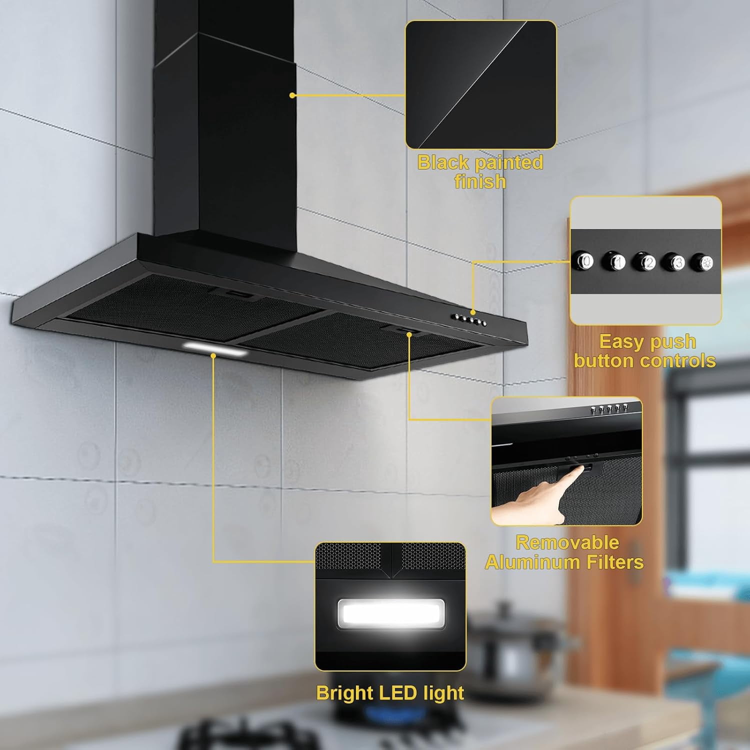 30 inch Wall Mount Range Hood 450 CFM with Ducted/Ductless Convertible Duct Stainless Steel Chimney-Style Over Stove Vent Hood with LED Light 3 Speed Exhaust Fan Black Hood Vents for Kitchen