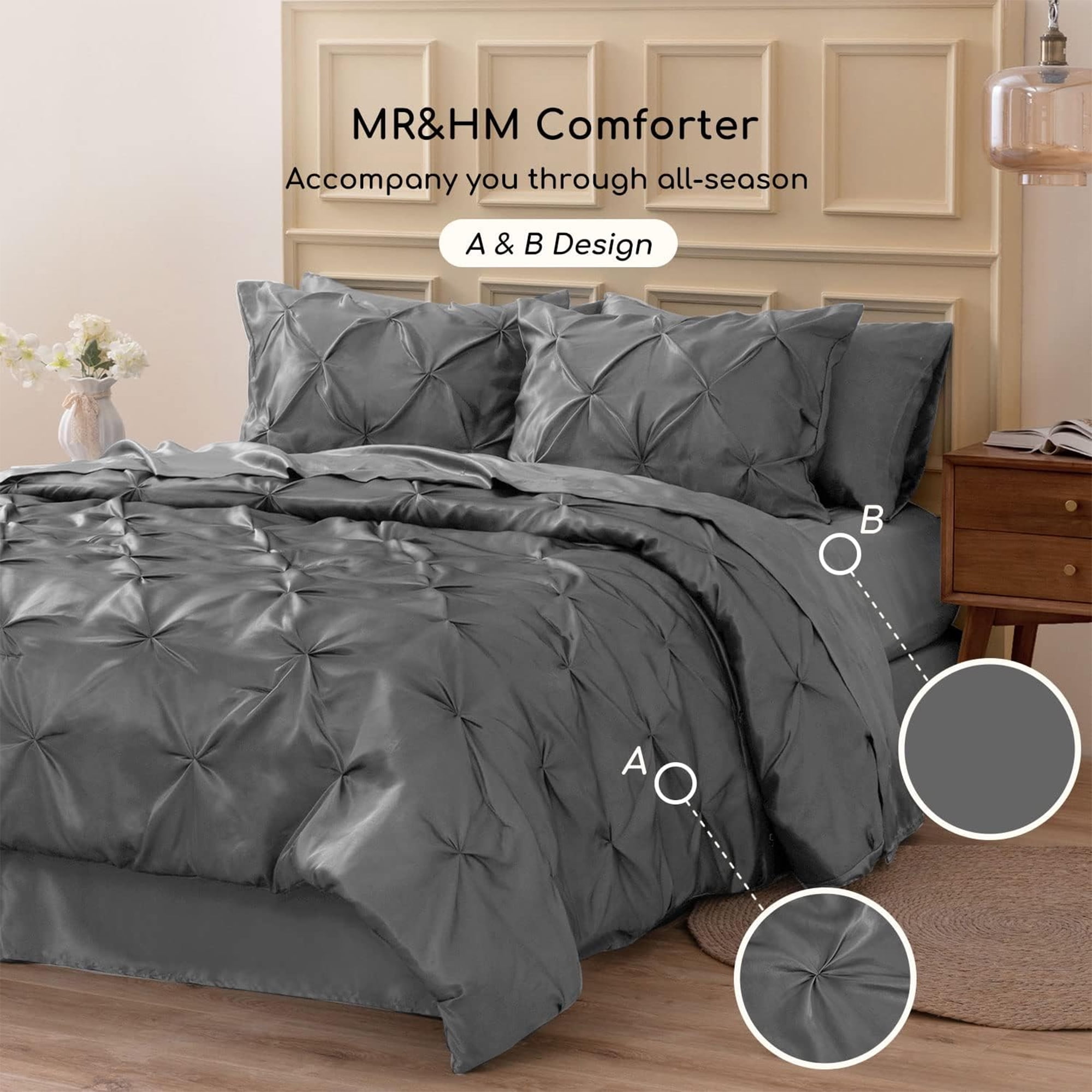 MR&HM Satin Comforter Set 7 Pieces Queen Size - Luxurious Pinch Pleat Bed in a Bag with Satin Comforter, Satin Sheets, Satin Pillowcases & Shams, Silky Soft Bedding Set for All Seasons (Dark Grey)