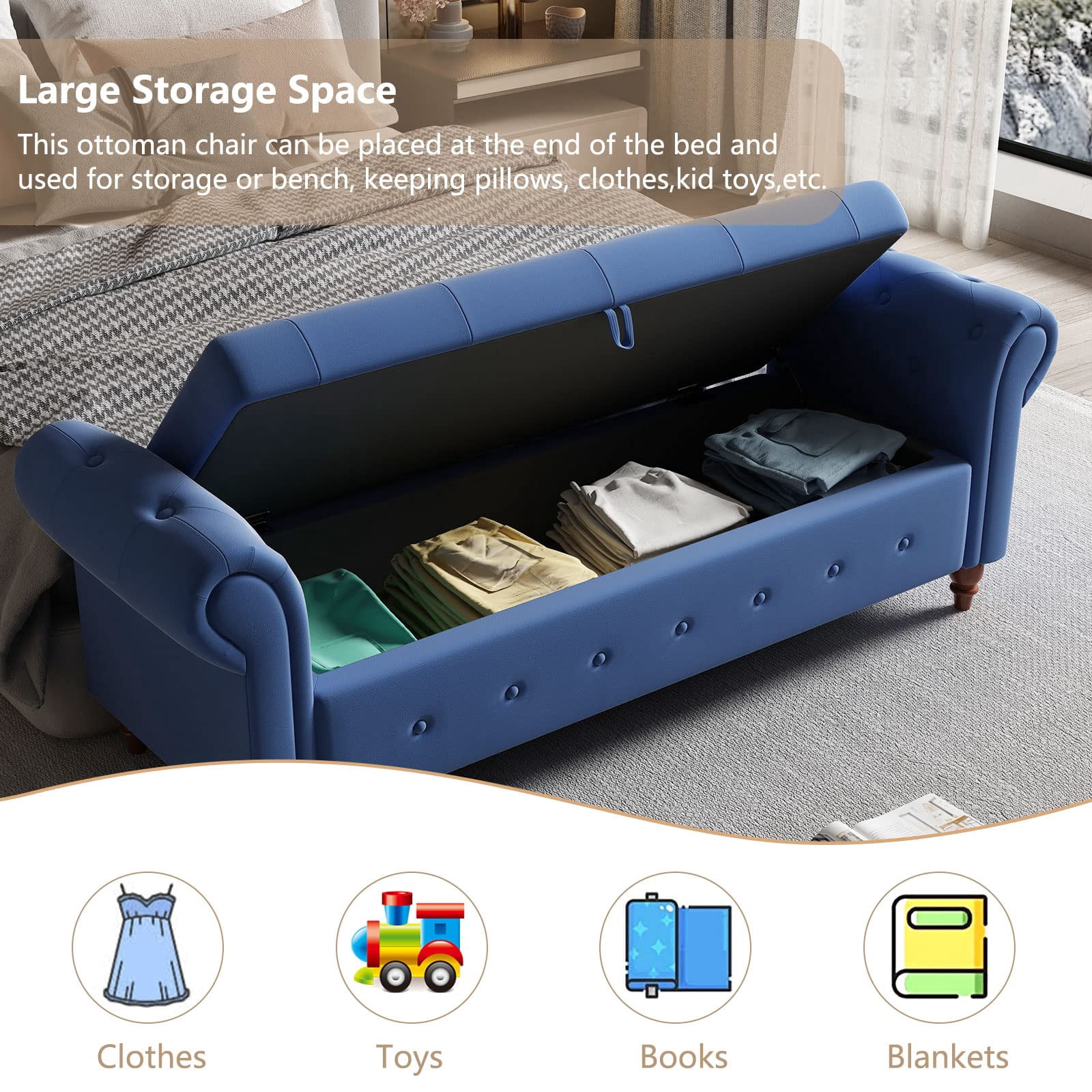 Tmsan 63" Modern Storage Ottoman Bench,Bedroom End of Bed Upholstered Benches,for Living Room, Entryway, Blue (Polyester)