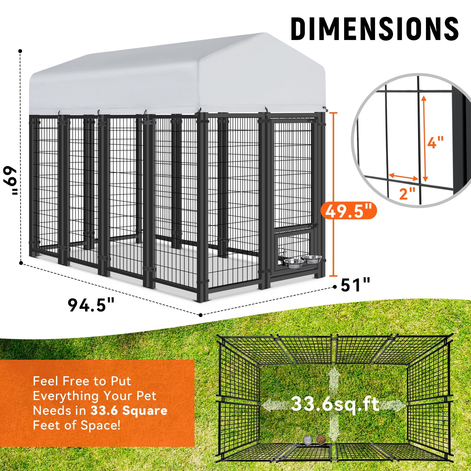 WOKEEN Large Dog Kennel Outside, 8'×4'×6',Welded Rectangular dog kennel outdoor with Waterproof Roof,2 Rotating Bowls & Secure Lock for Backyard （All Life Stages Dogs）