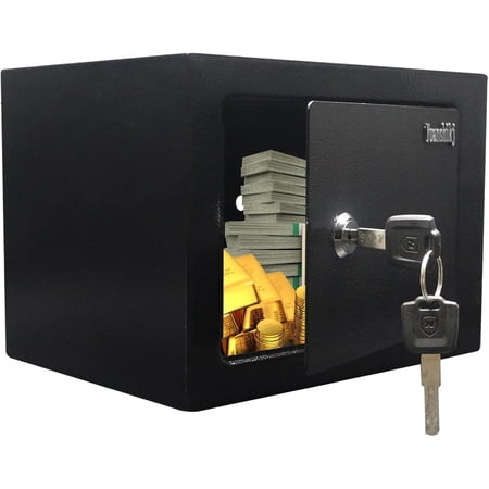 Key lock security box steel security lock box 0.23 cubic feet 9.1 inches wide 6.7 inches deep 6.7 inches high small home office cash jewelry storage safe (black)