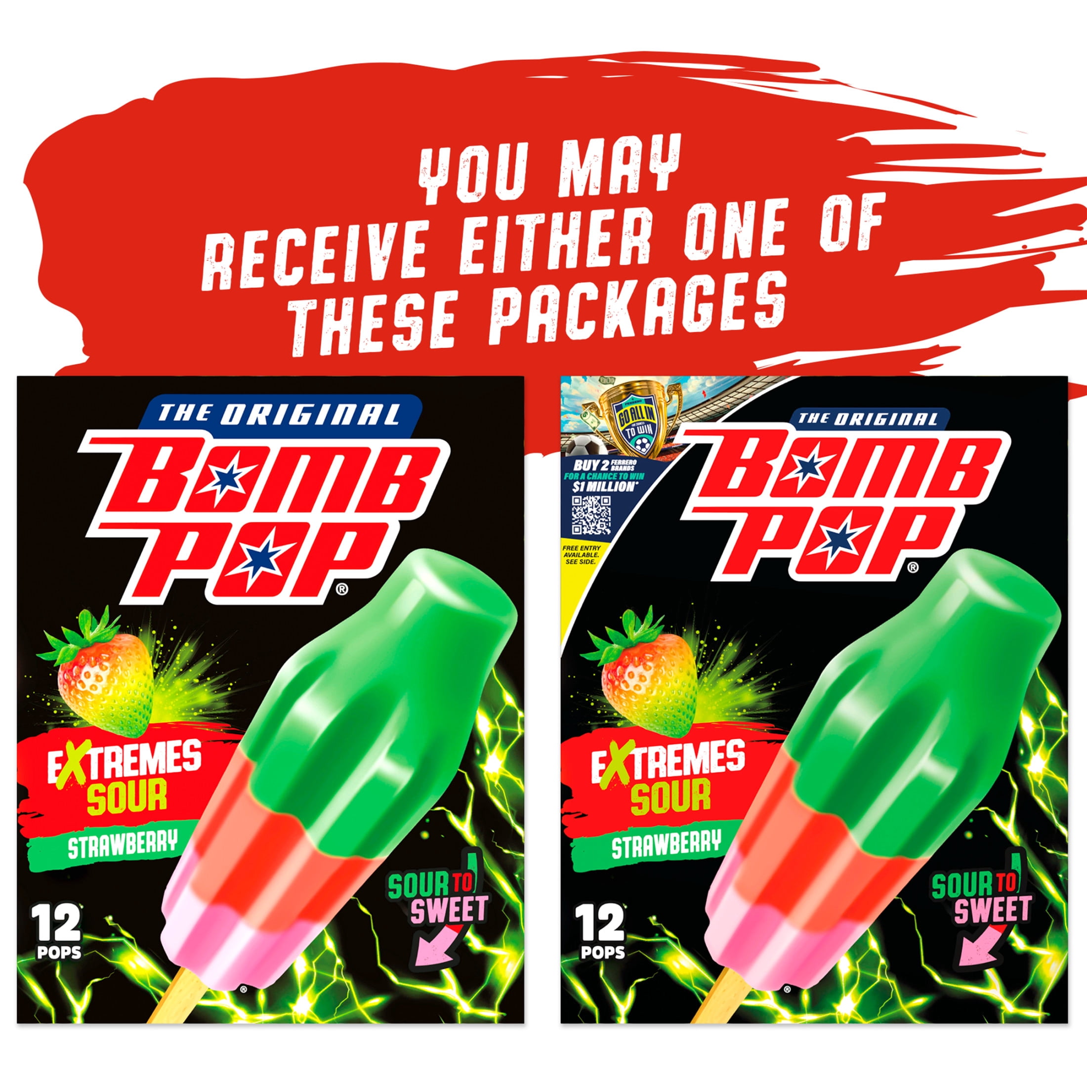 Bomb Pop Extremes Super Sour Strawberry Freeze Ice Pops, Frozen Freezer Dessert, 12 Pack