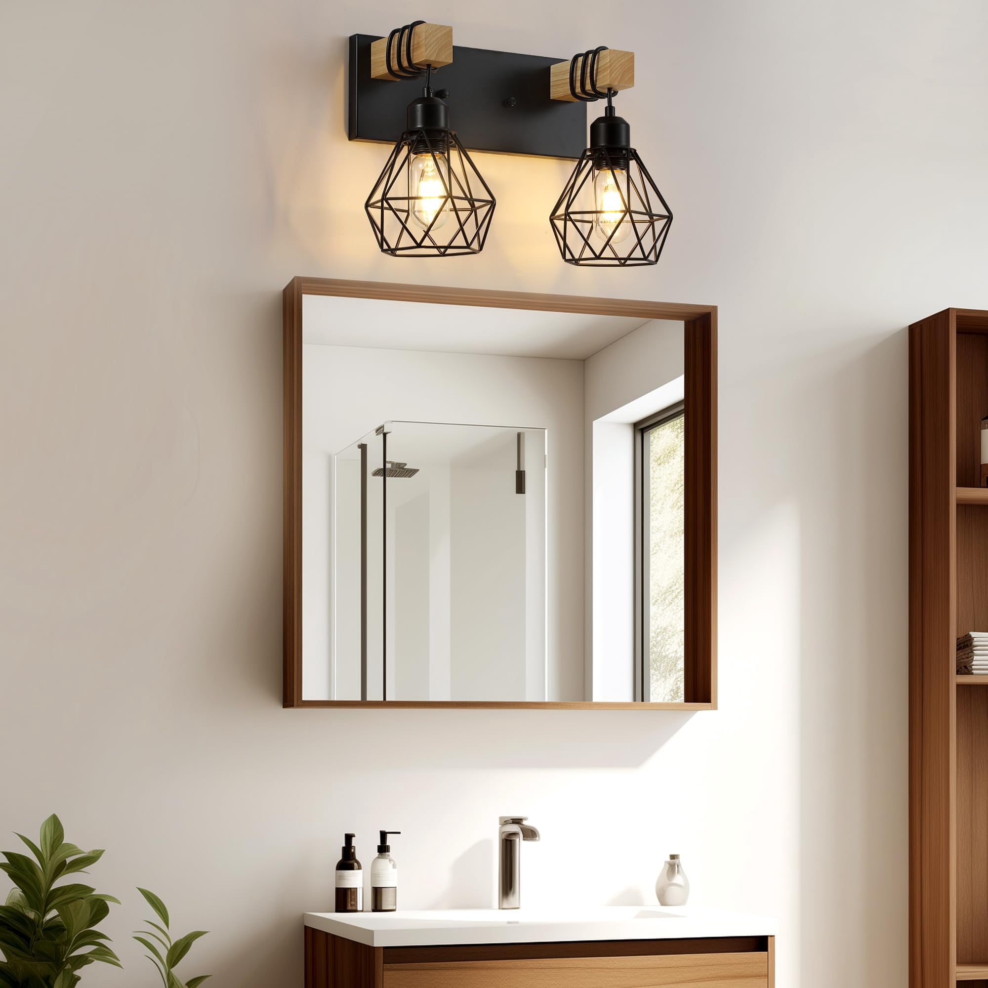 2-Light Black Vanity Light Wood Fixture Rustic Wall Lighting for Bathroom Bedroom Hallway