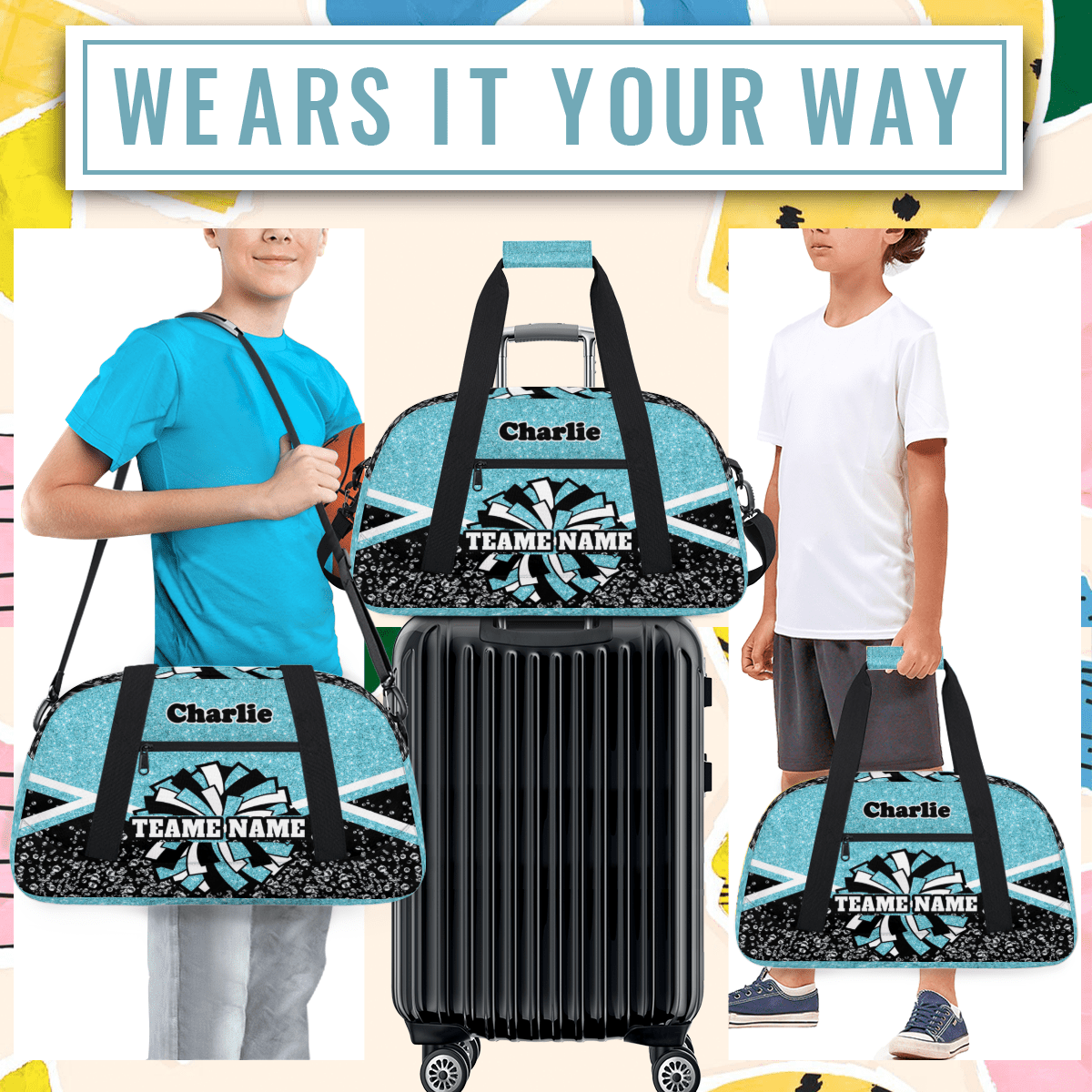 Personalized Cheerleader Bag Dance Bag, Custom Team Bag Gym Bag Sport Duffel Bag, Weekender Bags Travel Bag for Cheer Team Azure Glitter