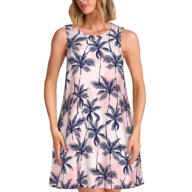 Fotbe Tropics Palm Trees Vestido de Verano sin Mangas para Mujer – Vestido Midi Línea A, Estilo Camiseta Floral, Vestido Playero Casual y Fluido