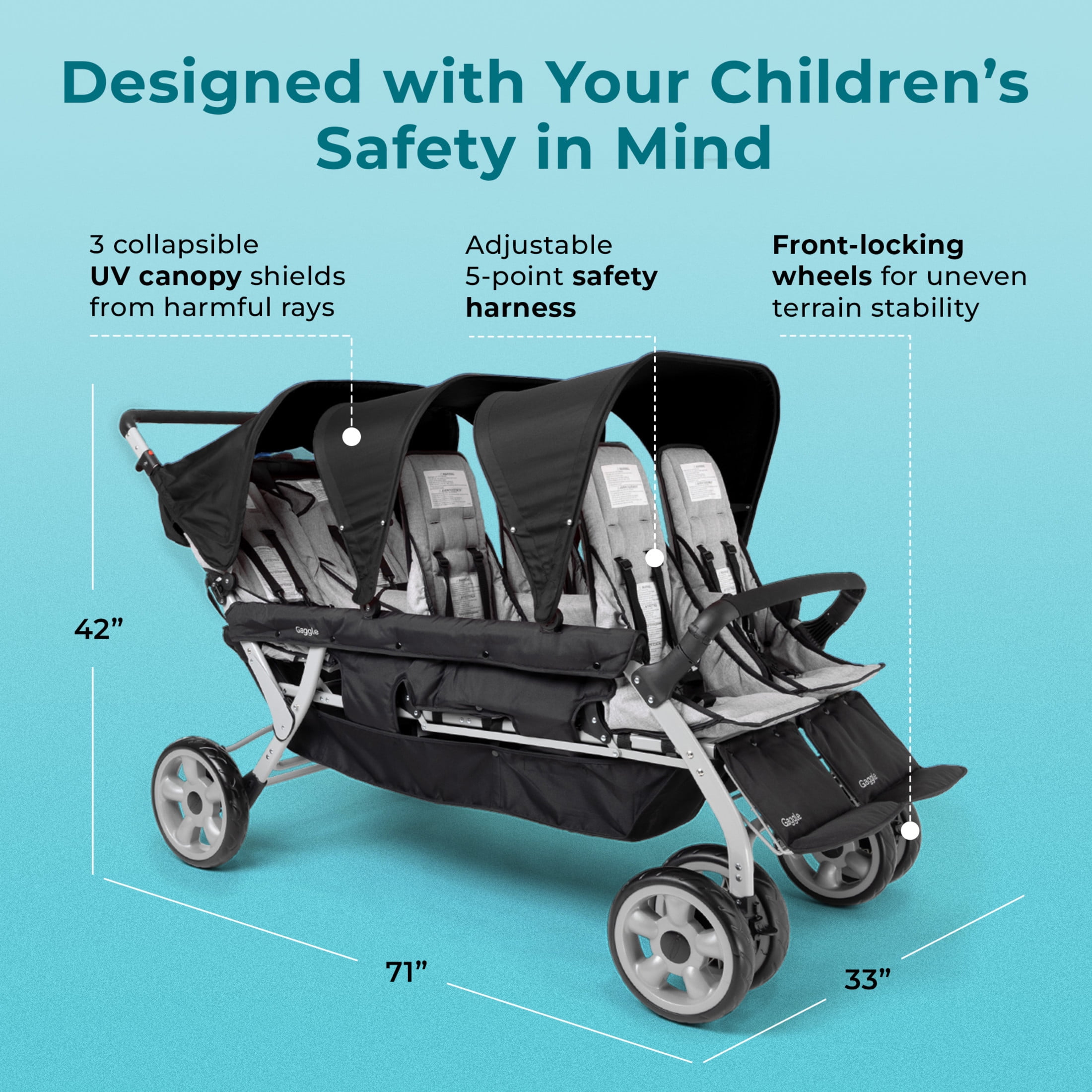 Foundations Gaggle Jamboree 6-Seat Folding Daycare Stroller with Canopies, Reclining Seats, Black